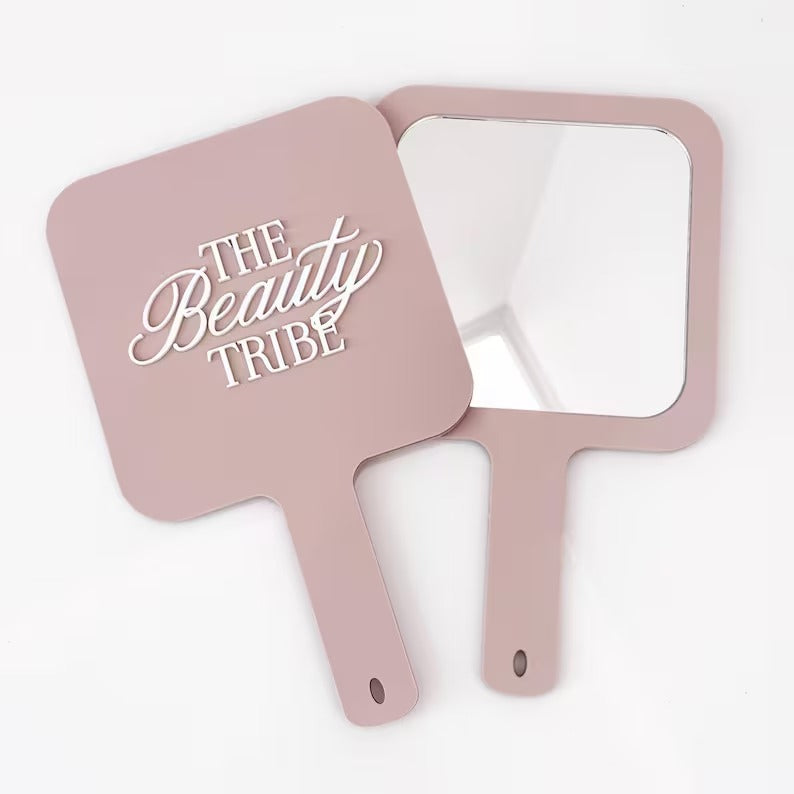 Personalized Handheld Mirror - Shiny Dusty Pink Acrylic Matte 3D Logo for Makeup Artist - Lash Tech Salon Branding - Custom Tool